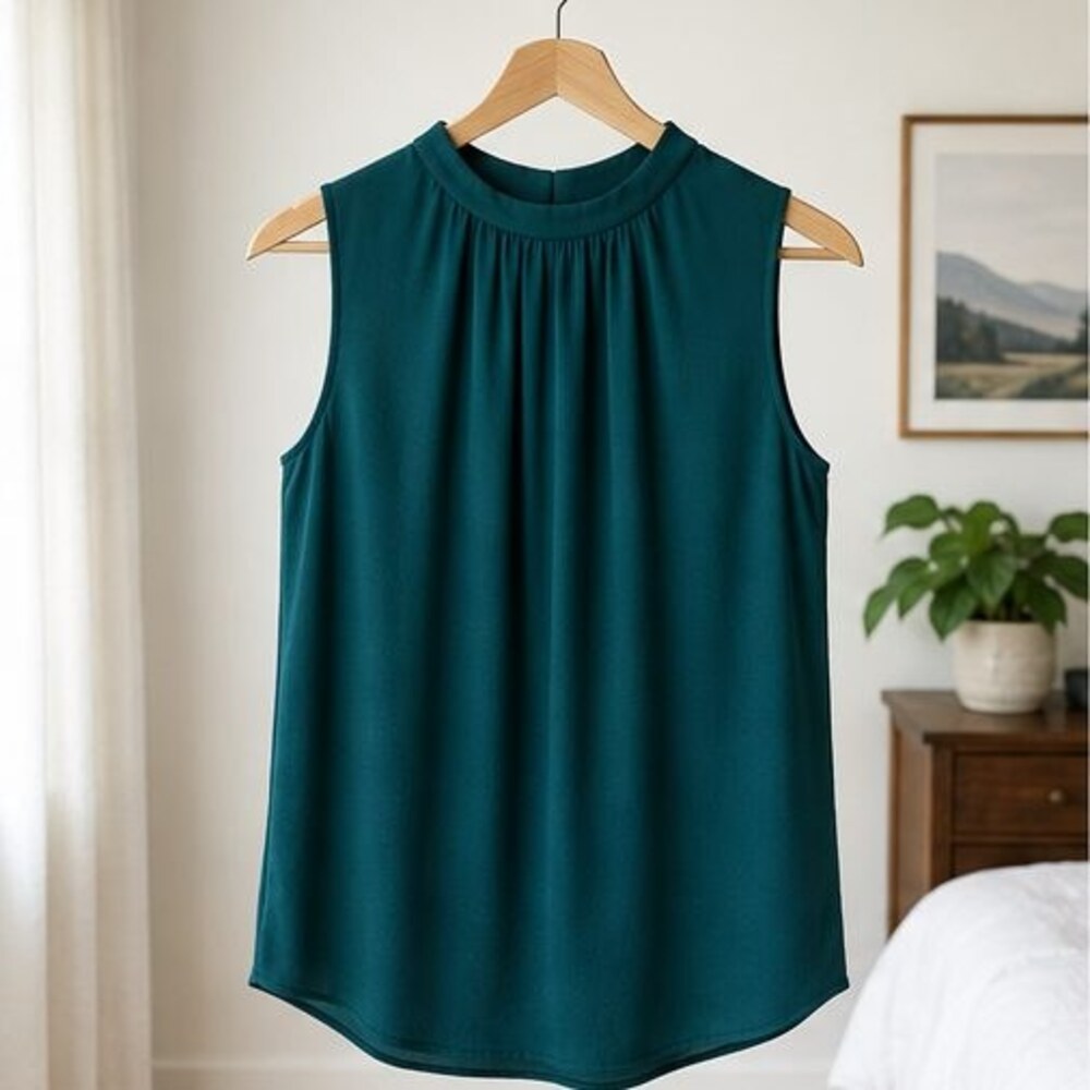 Teal Pleated High Neck Blouse